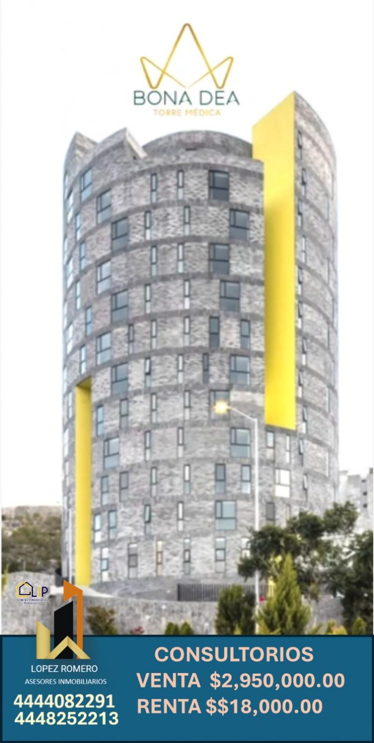 Edificio cilíndrico de varios pisos con fachada de piedra gris y acentos verticales amarillos