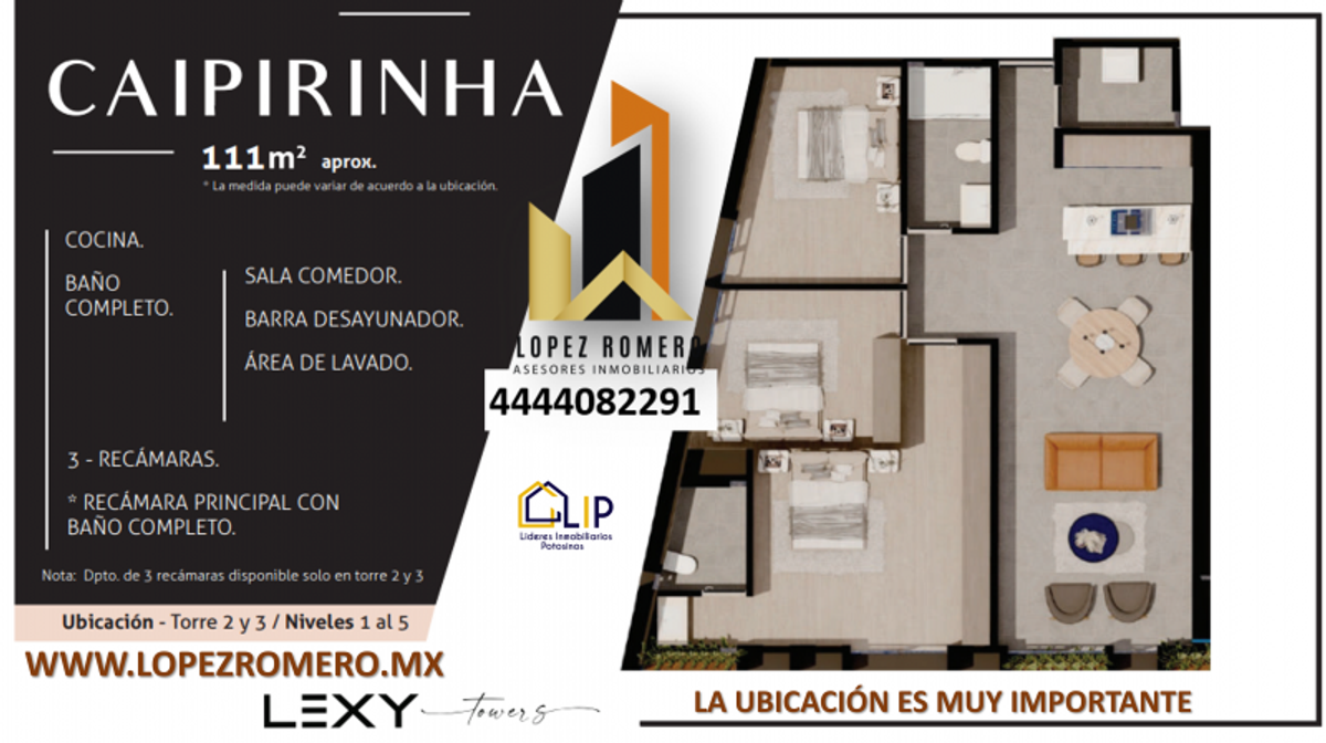 Plano de distribución de departamento de tres recámaras, sala, comedor, cocina y dos baños