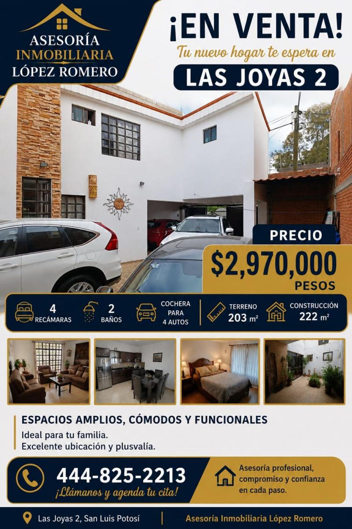 Casa blanca de dos pisos con cochera abierta para autos y vistas de interiores