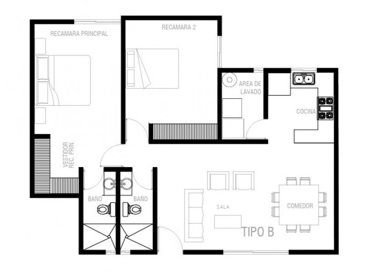 Plano arquitectónico de departamento de dos recámaras, dos baños, cocina, sala y comedor