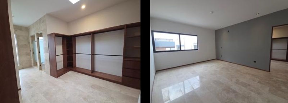 Recámara con pared gris de acento, piso de mármol y vestidor de madera integrado