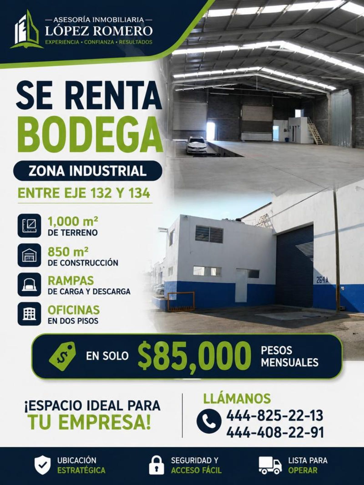 Fachada de bodega industrial blanca con cortina metálica negra y estructura interior de acero