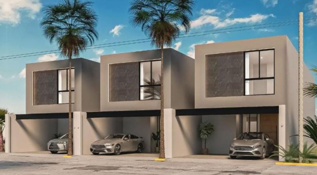 Tres casas modernas de dos niveles con cocheras techadas, autos y palmeras al frente