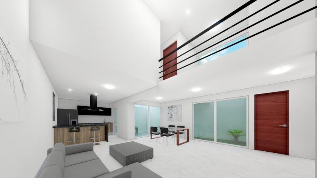 Interior de doble altura con sala, comedor, cocina abierta, ventanales y barandal metálico superior