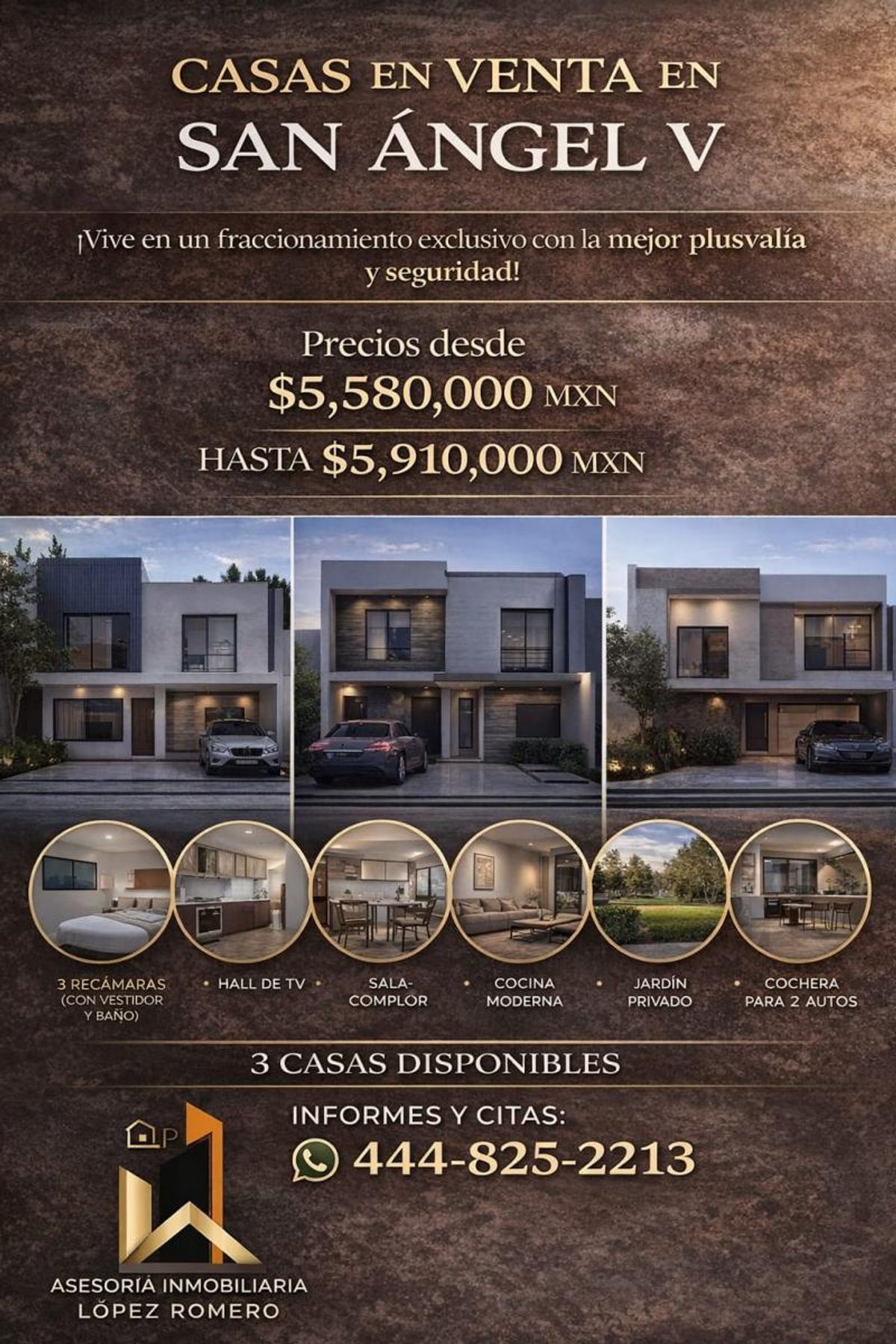 Casas modernas de dos niveles con fachadas neutras, amplios ventanales y cochera frontal