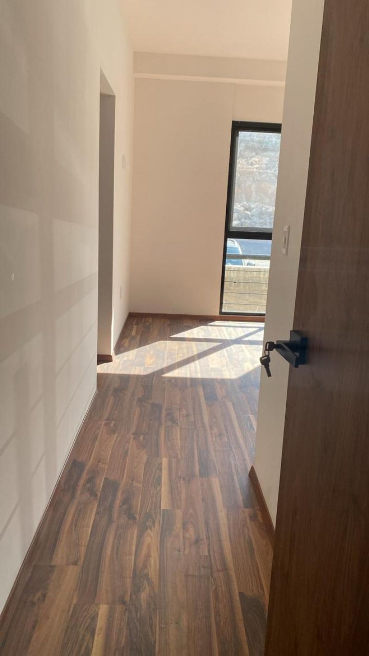 Pasillo iluminado con piso laminado de madera, paredes claras y ventana de marco negro