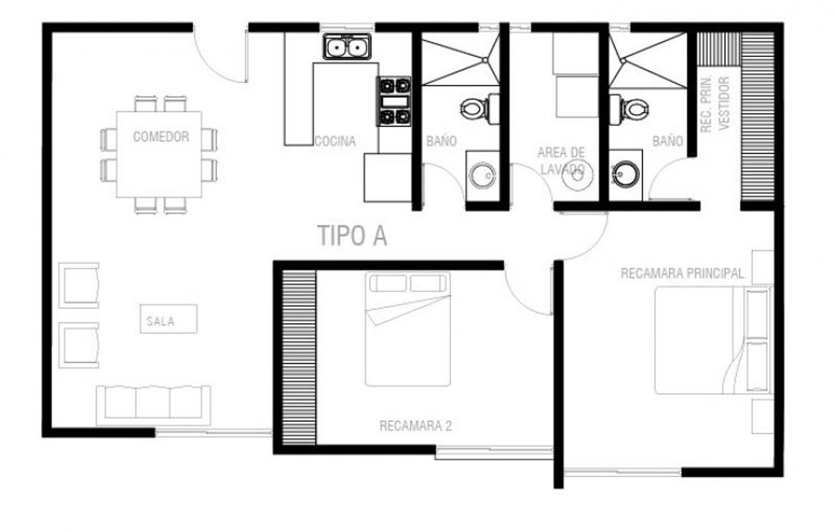 Plano arquitectónico de departamento tipo A con dos recámaras, dos baños, cocina, sala y comedor