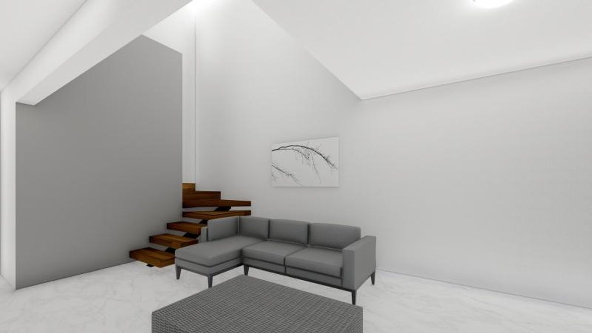 Sala con sofá esquinero gris mesa de centro y escalera flotante de madera