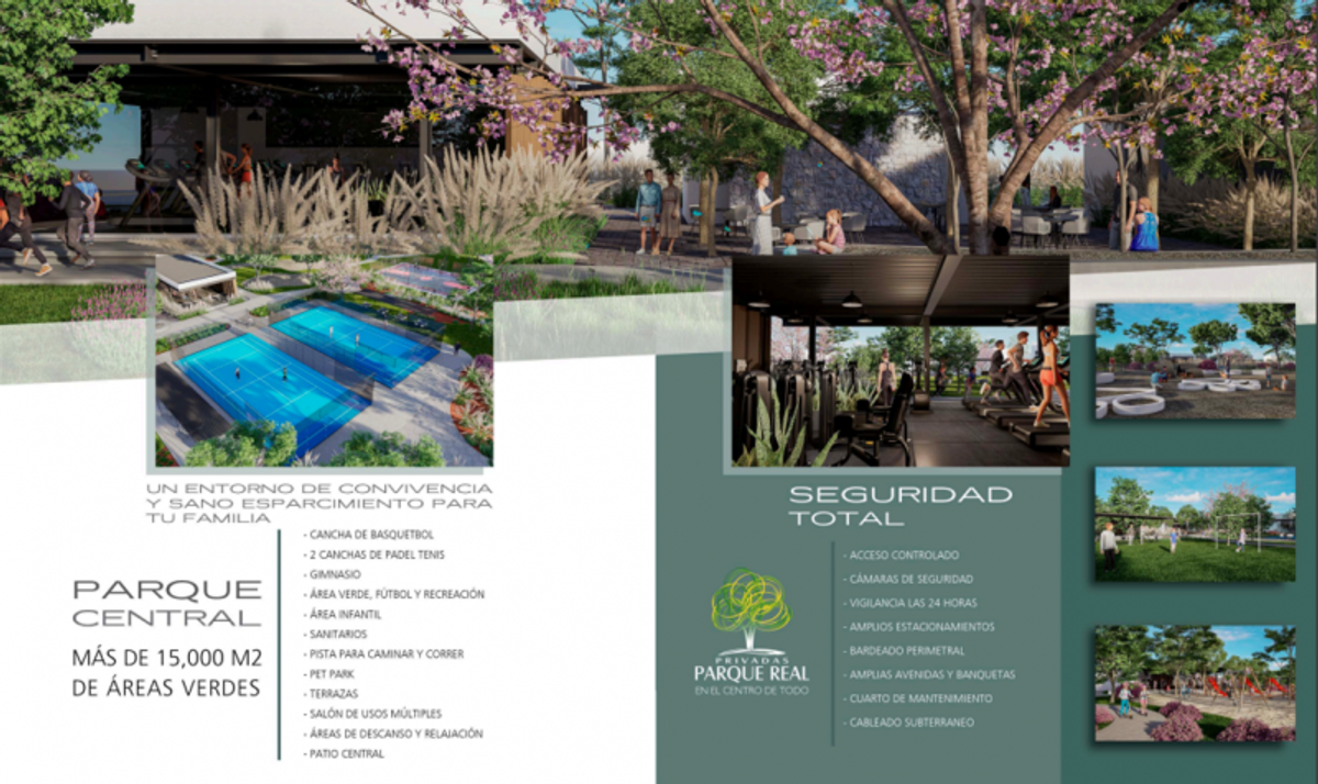 Renders de canchas de pádel azules, gimnasio interior, áreas verdes y listas de amenidades