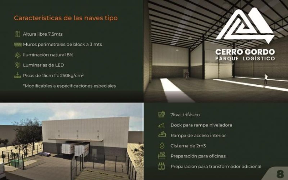 Ficha informativa con renders del interior y exterior de bodega industrial y datos técnicos