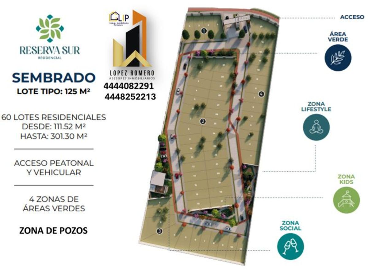Plano de distribución residencial con lotes delimitados, calles internas y cuatro áreas verdes