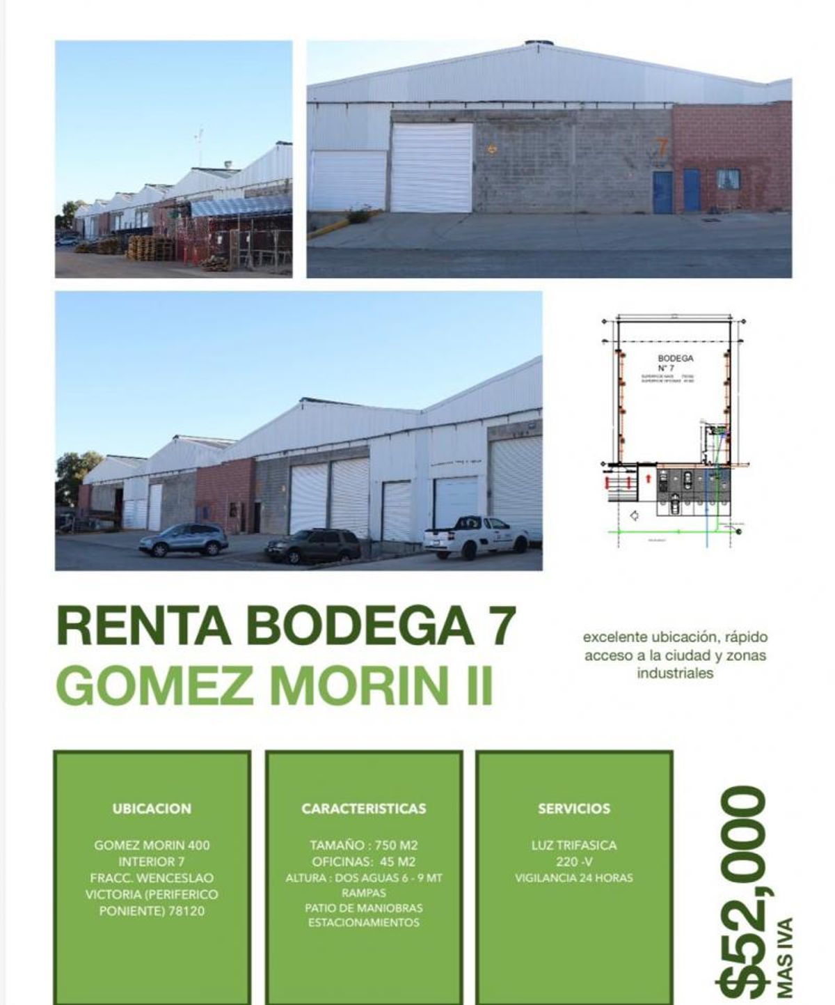 Fachada de bodega industrial con portones metálicos blancos, muros de bloque y patio pavimentado