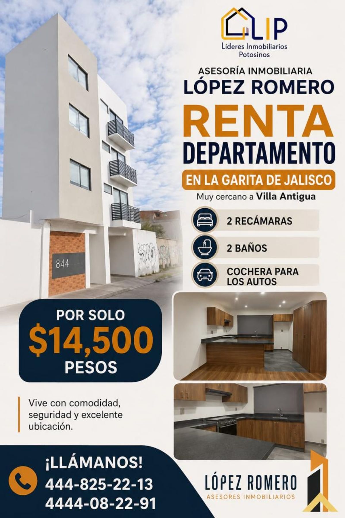 Edificio moderno de departamentos con balcones y cocina integral con gabinetes de madera