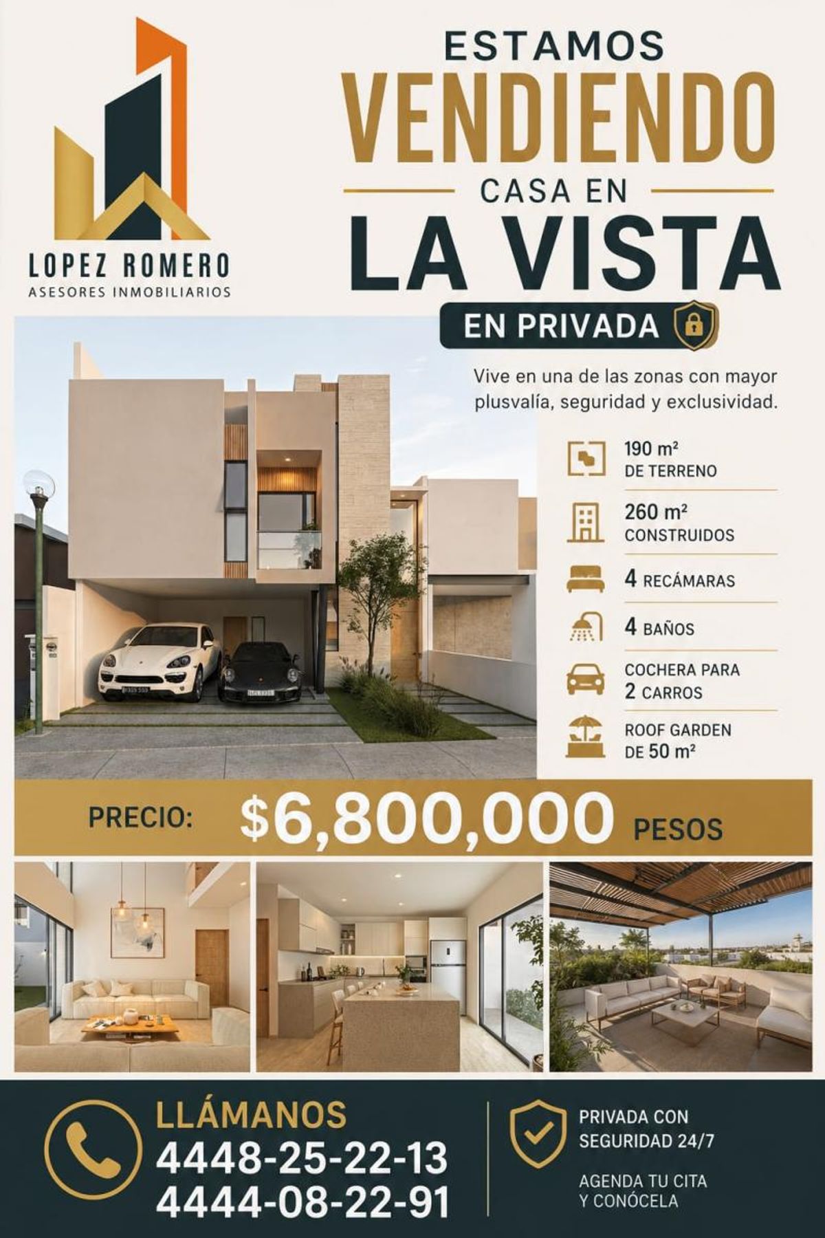 Casa moderna de dos pisos con fachada beige, cochera techada y ventanales de cristal