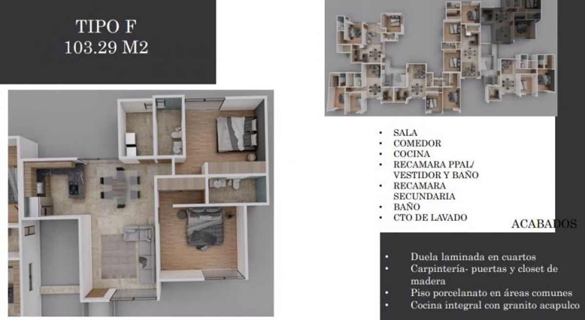 Plano tridimensional de departamento con dos recámaras, sala, comedor, cocina y baños