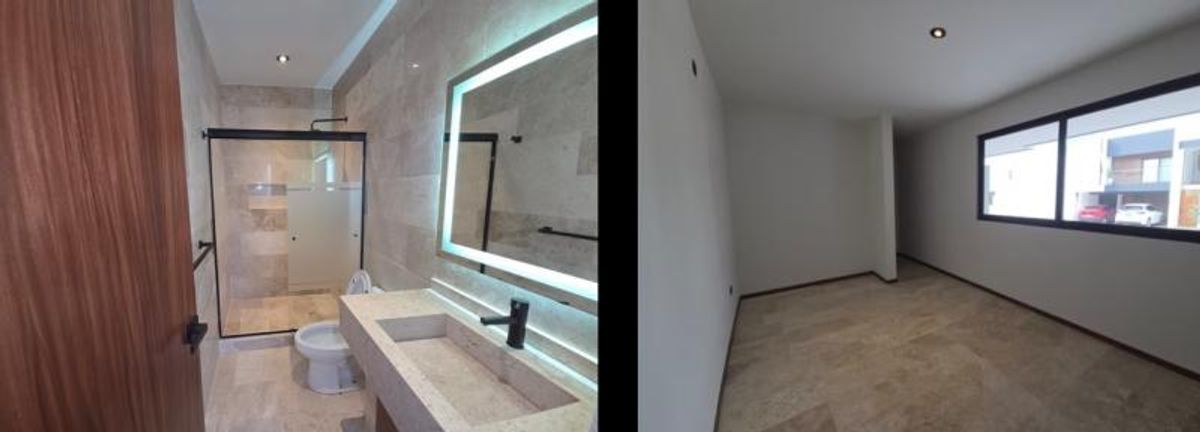 Baño completo con espejo iluminado y recámara vacía con ventana de marco negro