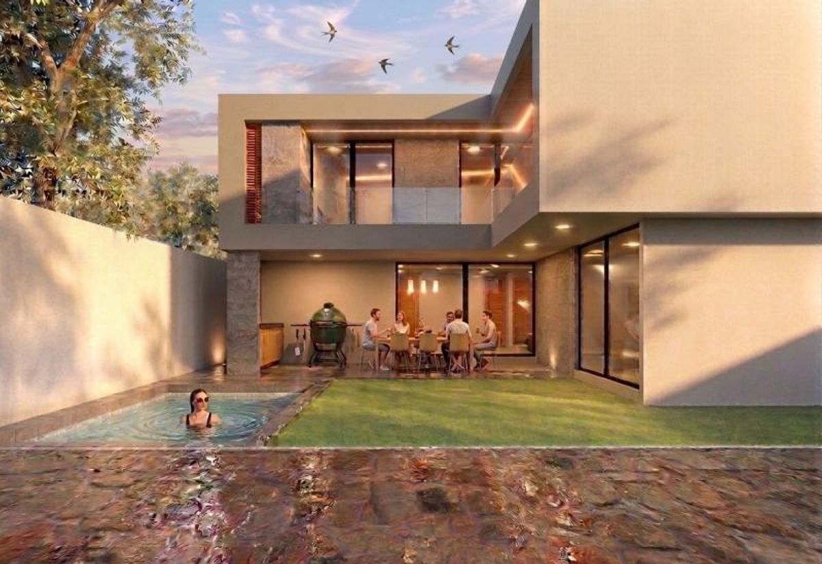 Casa moderna de dos plantas con alberca, jardín y terraza techada con comedor exterior