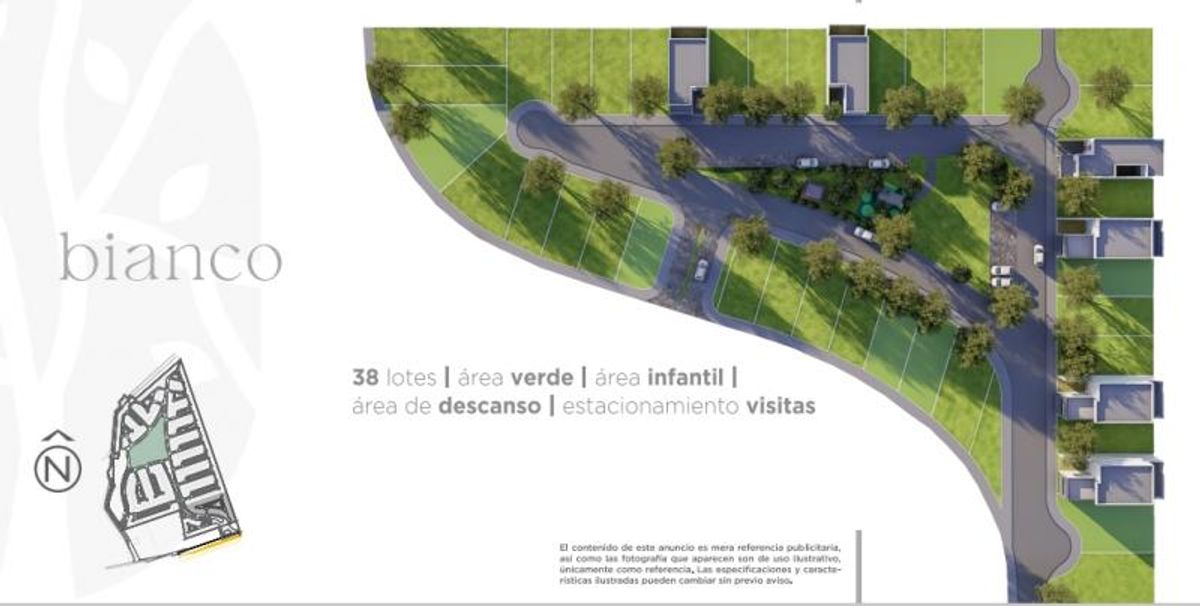 Plano ilustrativo de fraccionamiento residencial con lotes trazados, áreas verdes, calles y viviendas