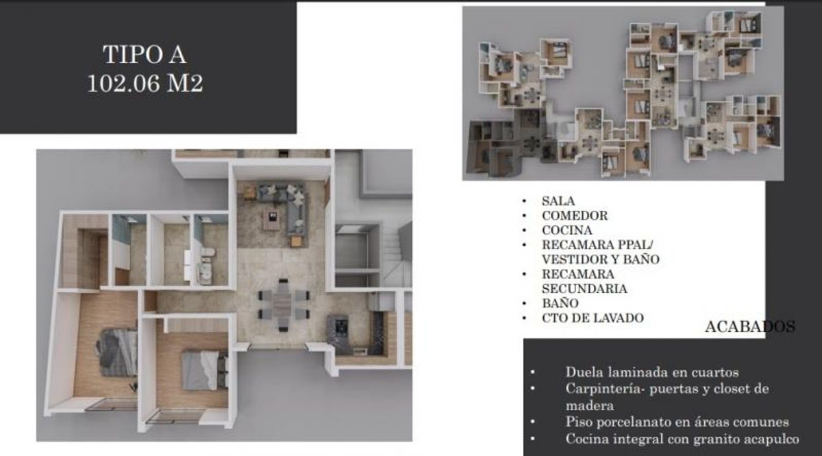 Plano tridimensional de departamento mostrando sala, comedor, cocina, recámaras, baños y especificaciones de acabados