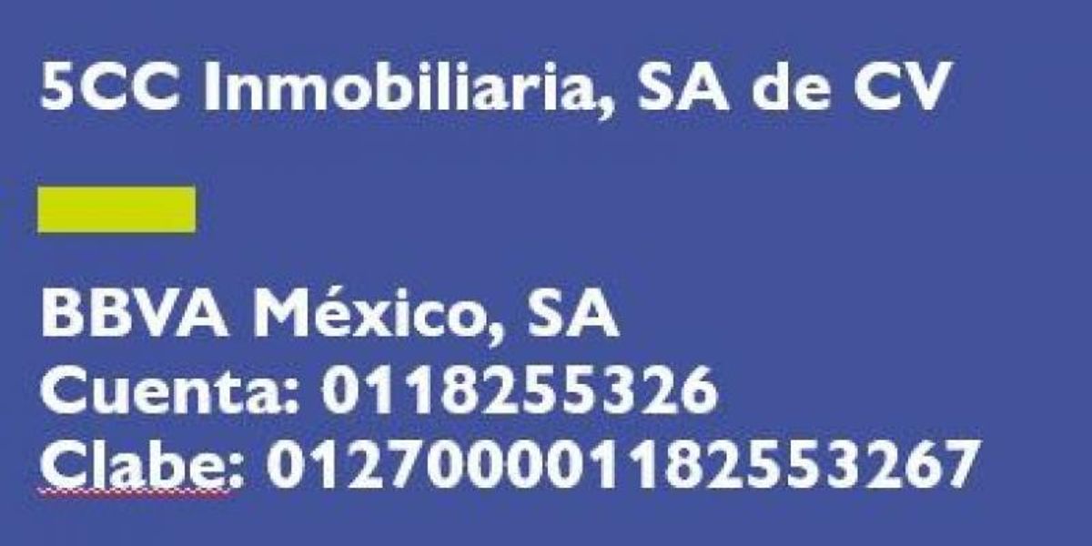 Texto informativo sobre fondo azul con datos bancarios de 5CC Inmobiliaria en BBVA México