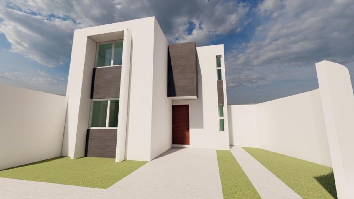 Fachada de casa de dos niveles en blanco y gris con puerta de madera