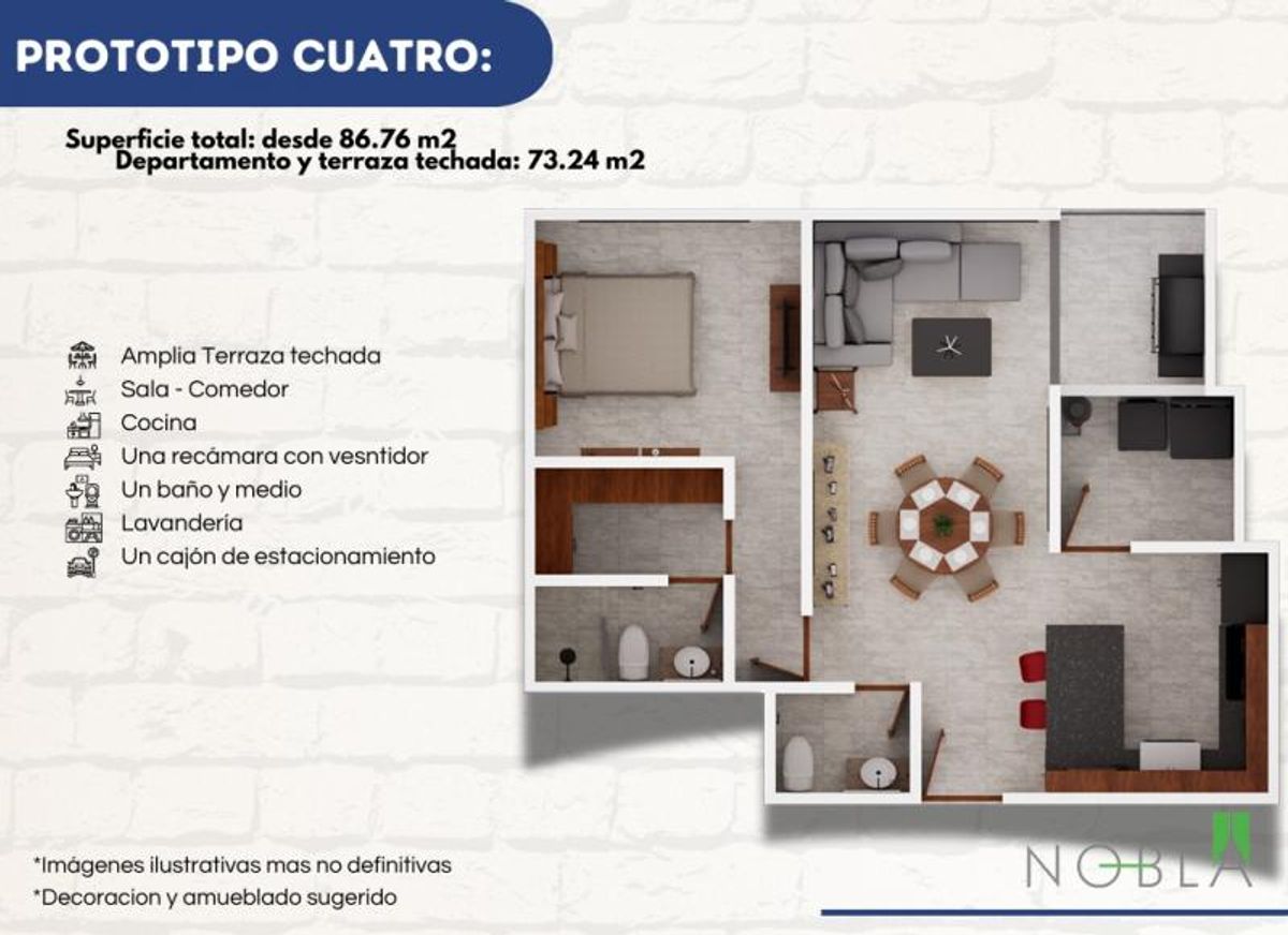 Plano 3D con distribución de recámara, vestidor, sala, comedor, cocina y baños