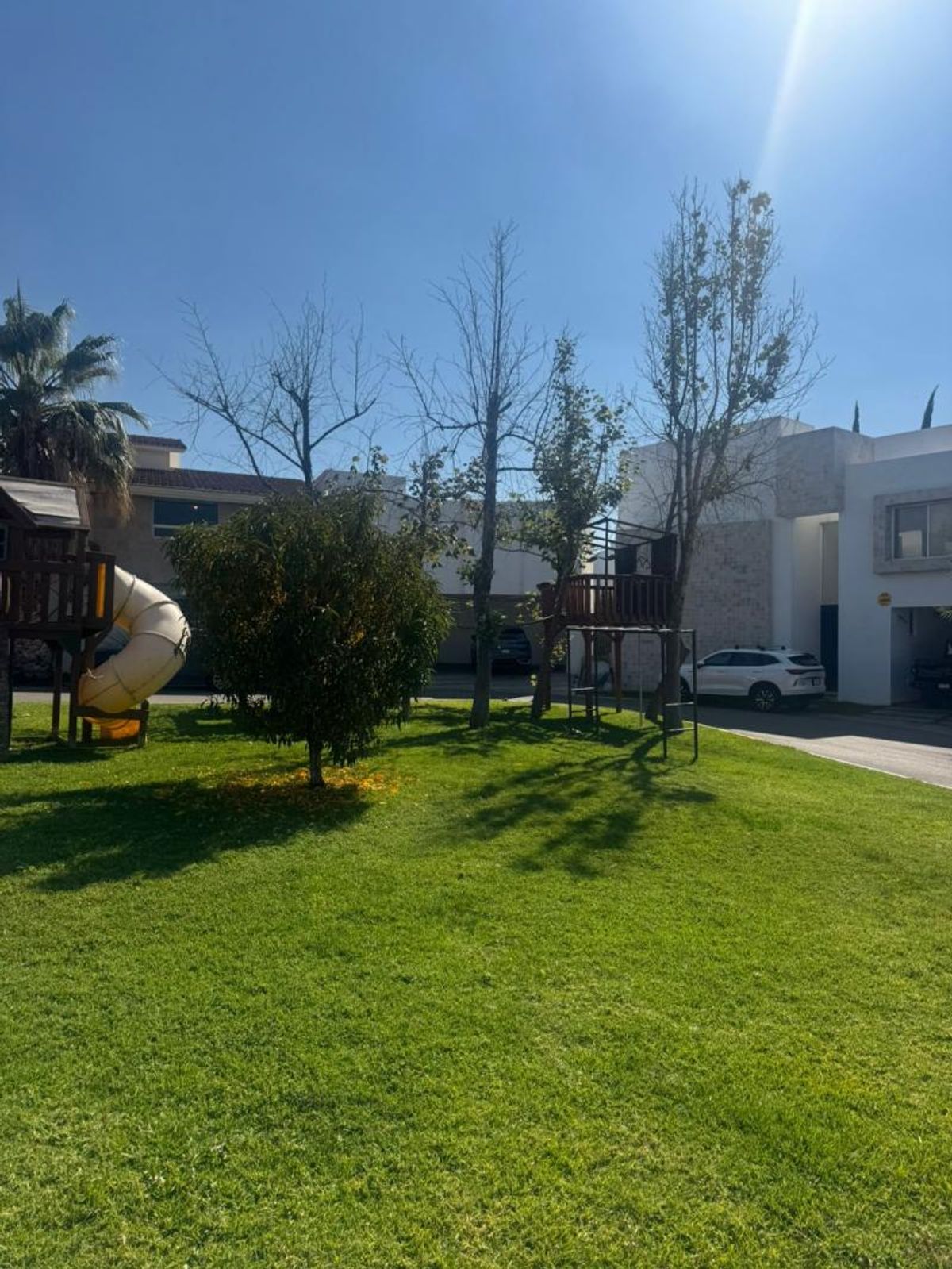 Área verde con césped, árboles, juegos infantiles de madera y casas modernas al fondo