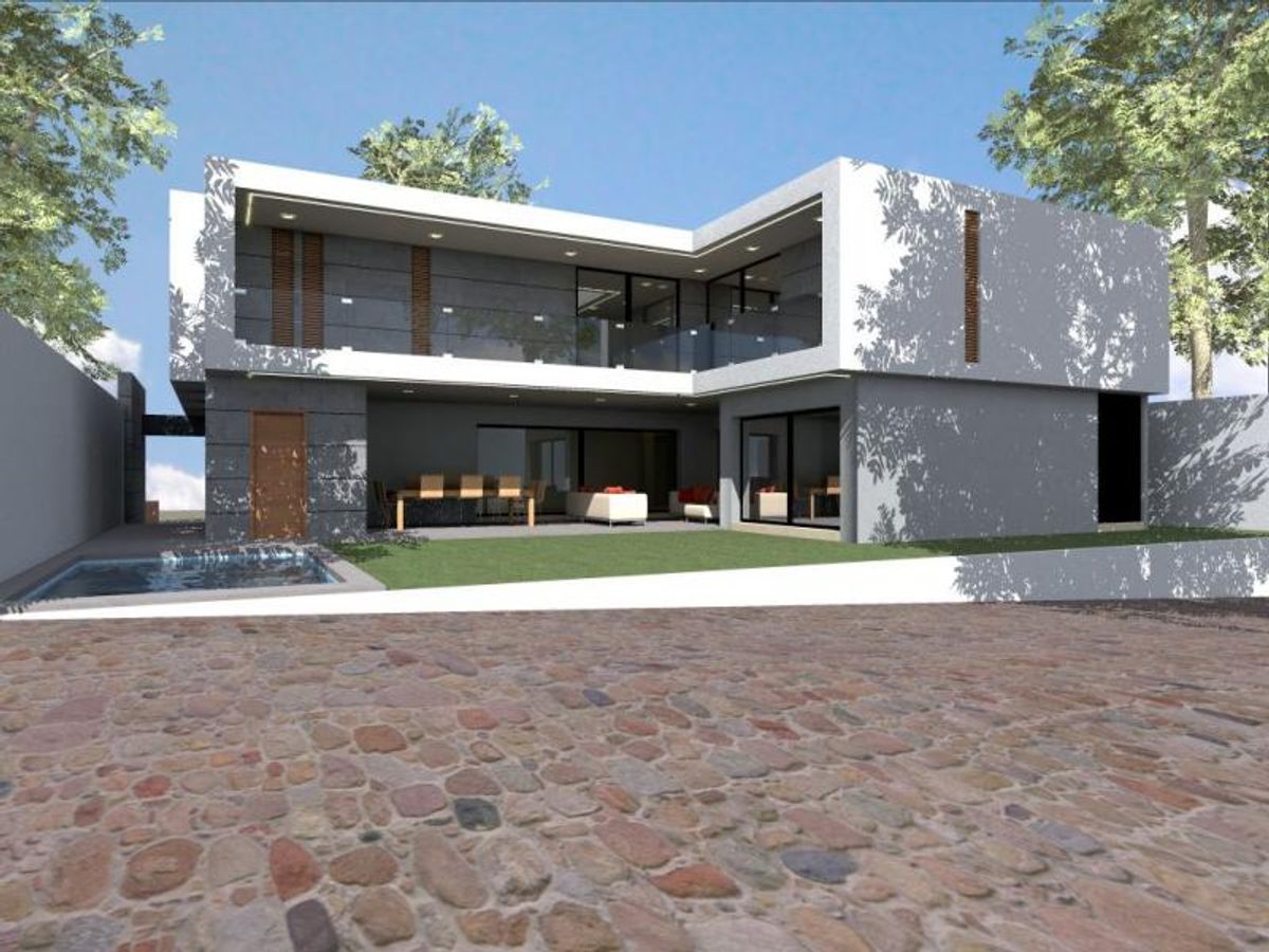 Casa moderna de dos niveles con alberca, jardín, terraza cubierta y balcón de cristal