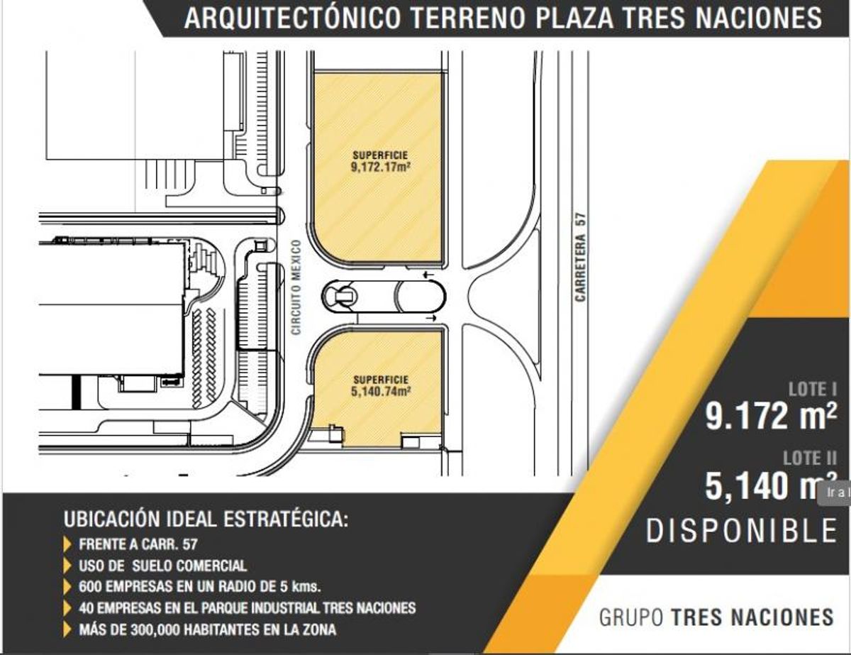 Plano arquitectónico de dos lotes comerciales resaltados en color amarillo junto a vialidades principales