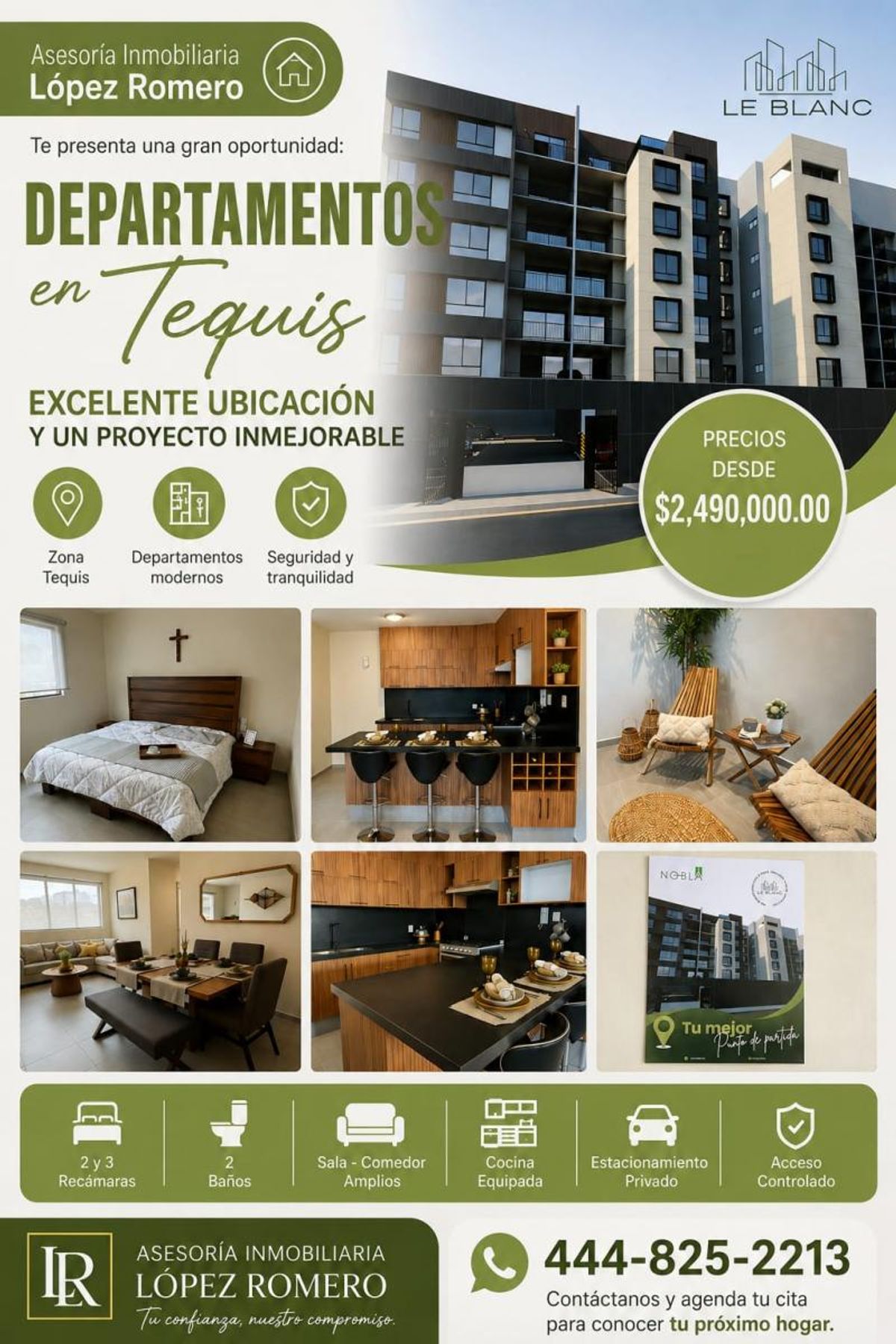 Fachada de edificio de departamentos moderno con vistas de recámara, cocina, sala y terraza