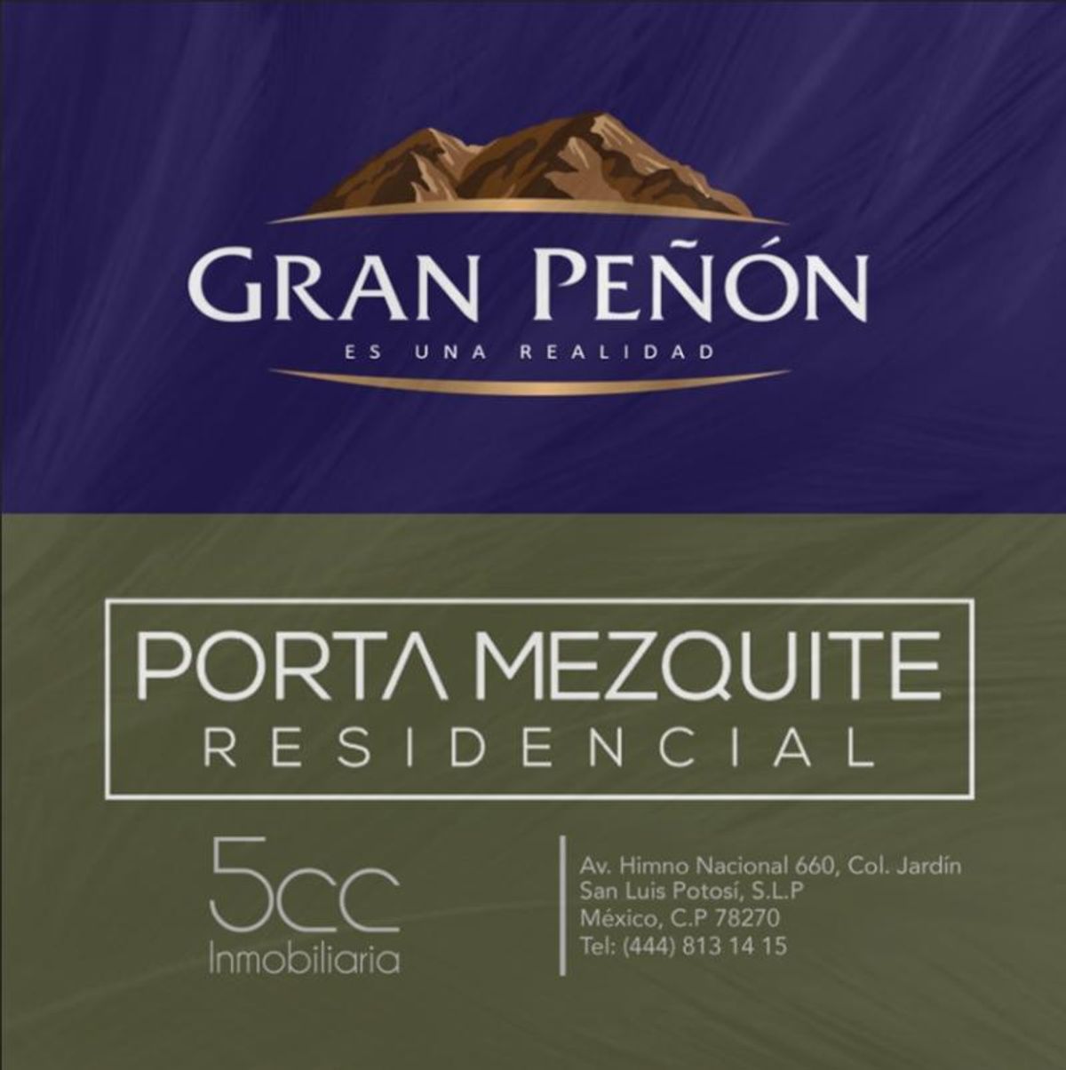 Logotipos promocionales de Gran Peñón y Porta Mezquite Residencial con datos de contacto inmobiliarios