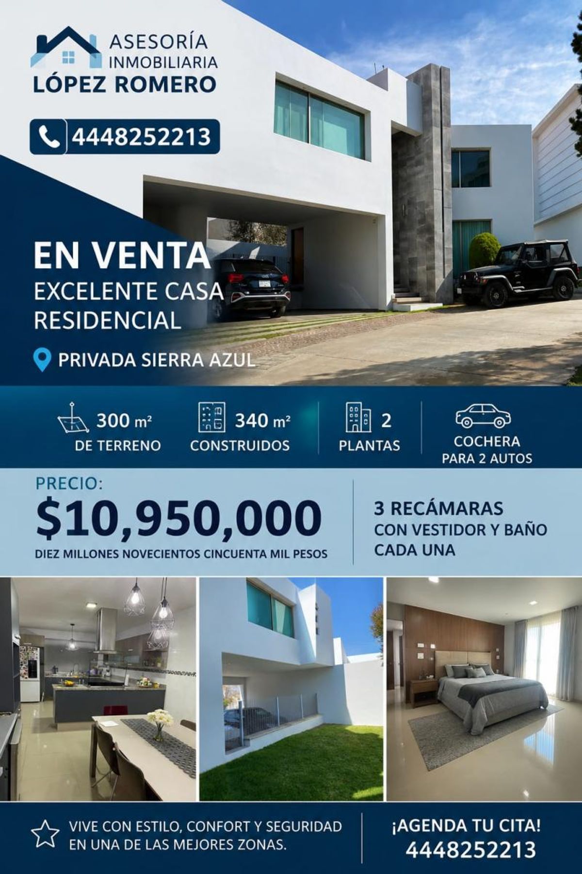 Casa moderna blanca de dos niveles con cochera, cocina con isla, jardín y recámara