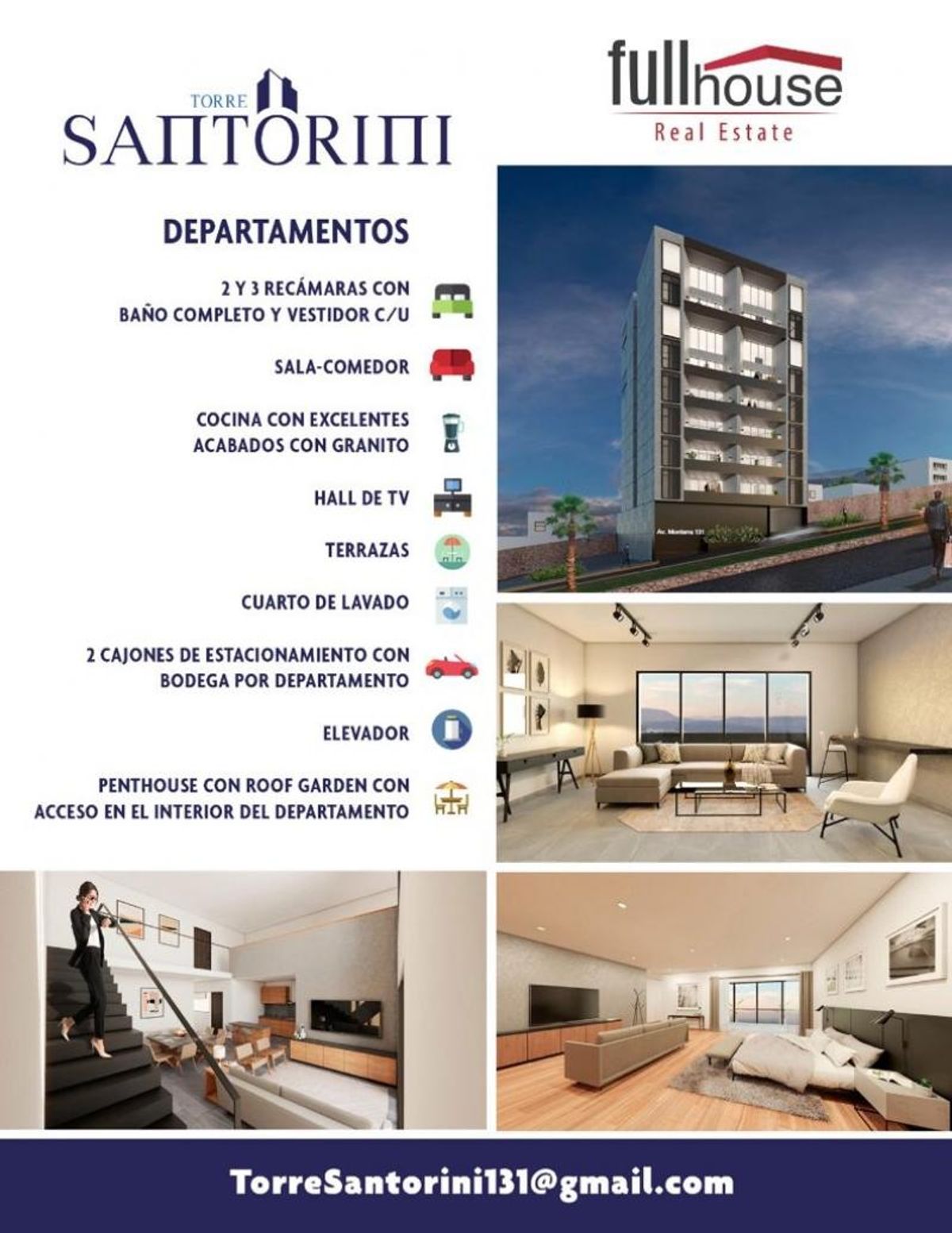 Edificio de varios niveles con vistas de fachada, sala amueblada, recámara y cocina