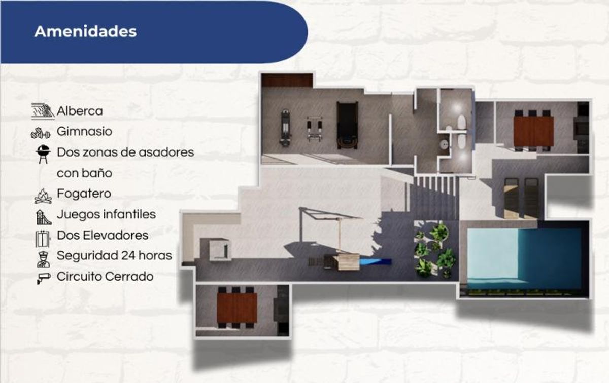 Plano arquitectónico de áreas comunes con gimnasio, alberca, terrazas con asador y juegos infantiles