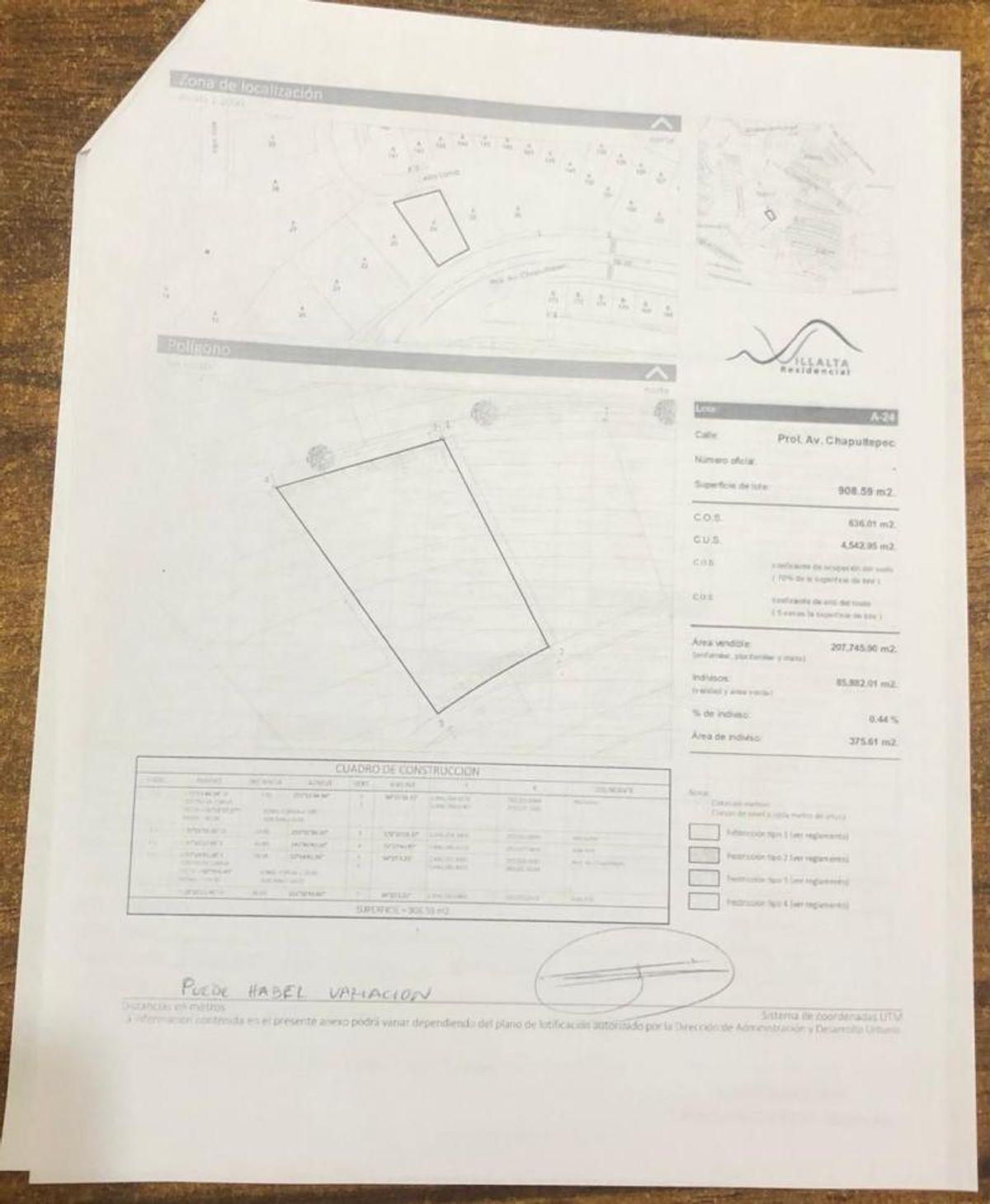 Plano impreso de lote residencial con croquis de localización, polígono y cuadro de datos