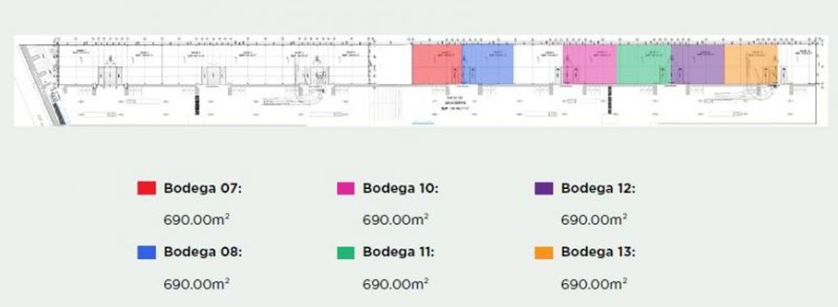 Distribución de bodegas modulares identificadas por colores con áreas de 690 metros cuadrados