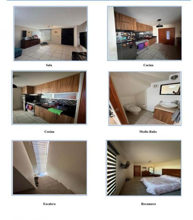 Vistas interiores de una casa con sala, cocina integral, medio baño, escalera y recámara