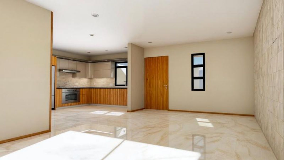 Espacio abierto con piso brillante de mármol, cocina integral equipada y puerta de madera