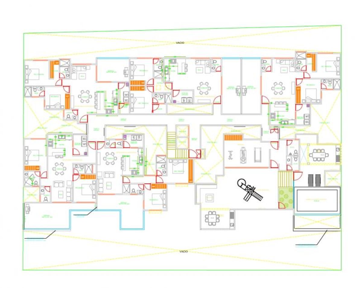 Plano de distribución arquitectónica con varios departamentos, terrazas, zona infantil y alberca