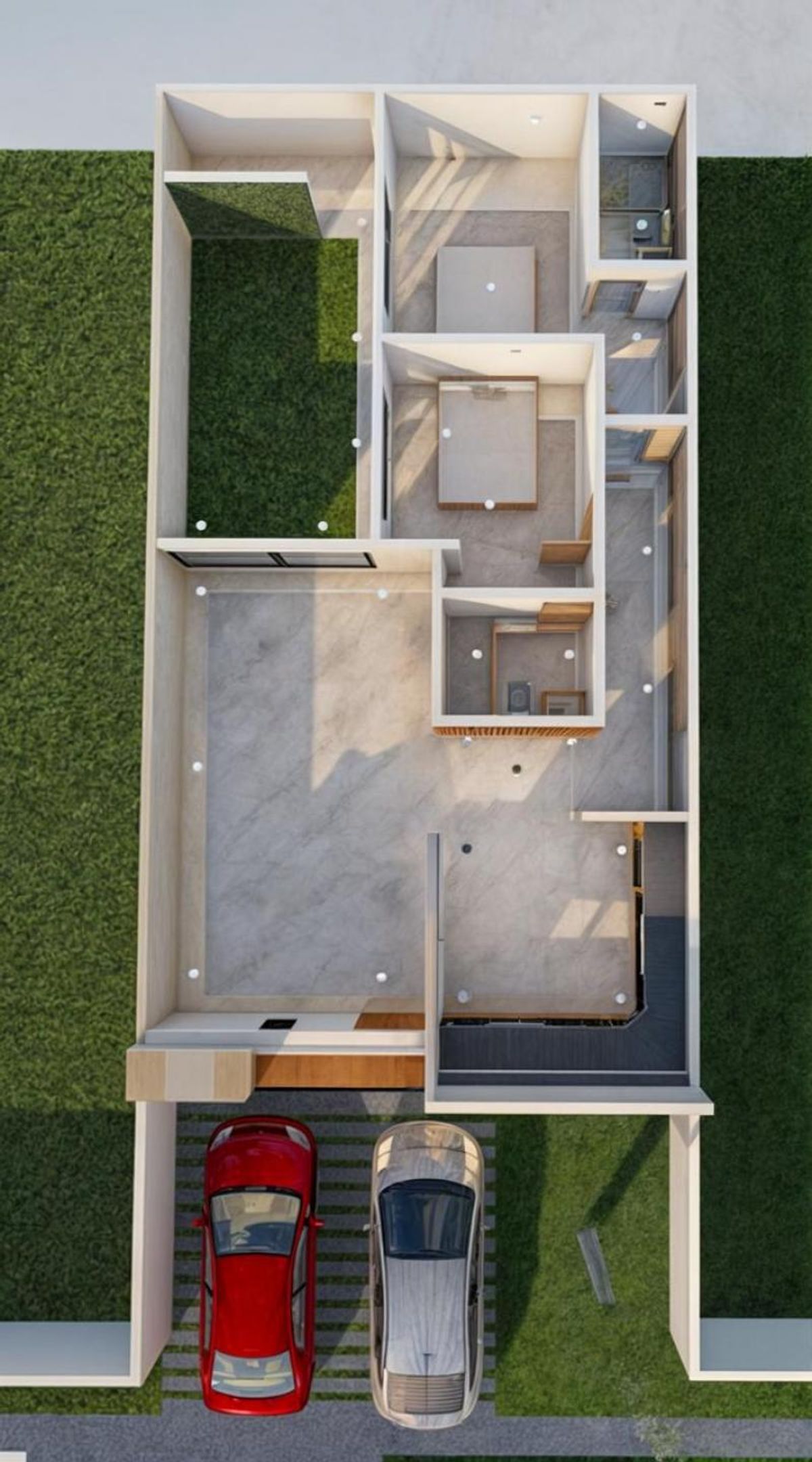 Planta arquitectónica de casa con cochera para dos autos, jardín interno y dos recámaras