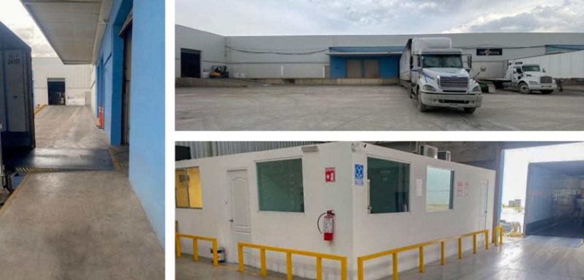 Bodega industrial con patio de maniobras para tráileres, andén de carga y oficinas modulares