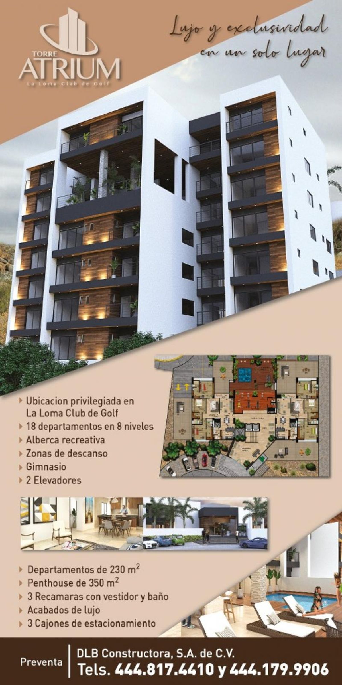 Edificio residencial de fachada blanca con madera, balcones de cristal y plano arquitectónico