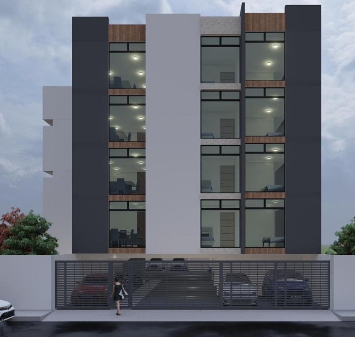Fachada de edificio residencial moderno con grandes ventanales, detalles de madera y portón negro