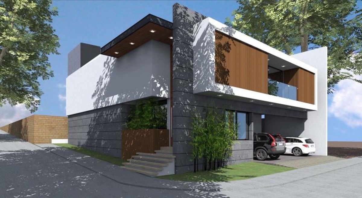 Fachada moderna de dos niveles con piedra gris, paneles de madera y cochera