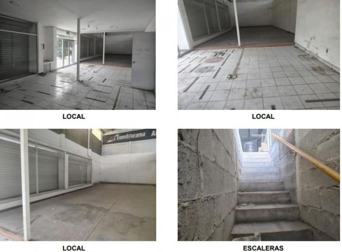 Interior de local comercial vacío con piso de cerámica, ventanales y escaleras de concreto