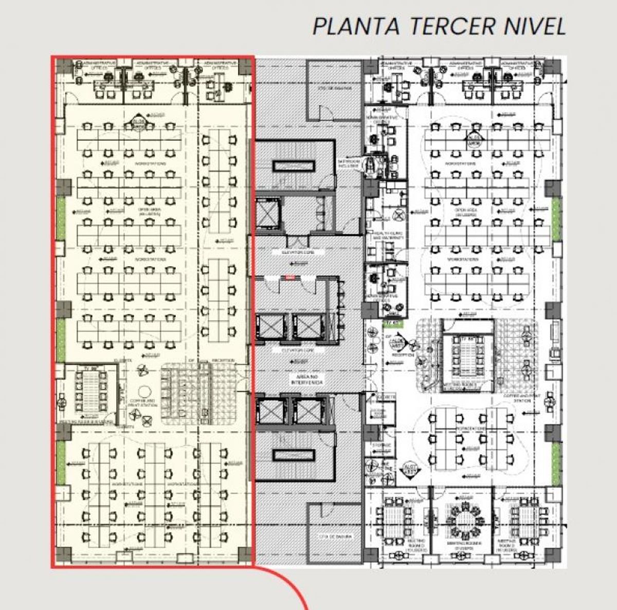 Plano arquitectónico del tercer nivel mostrando la distribución de áreas de trabajo y oficinas