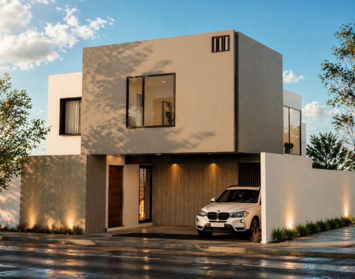 Fachada de casa moderna de dos niveles con cochera techada e iluminación cálida exterior