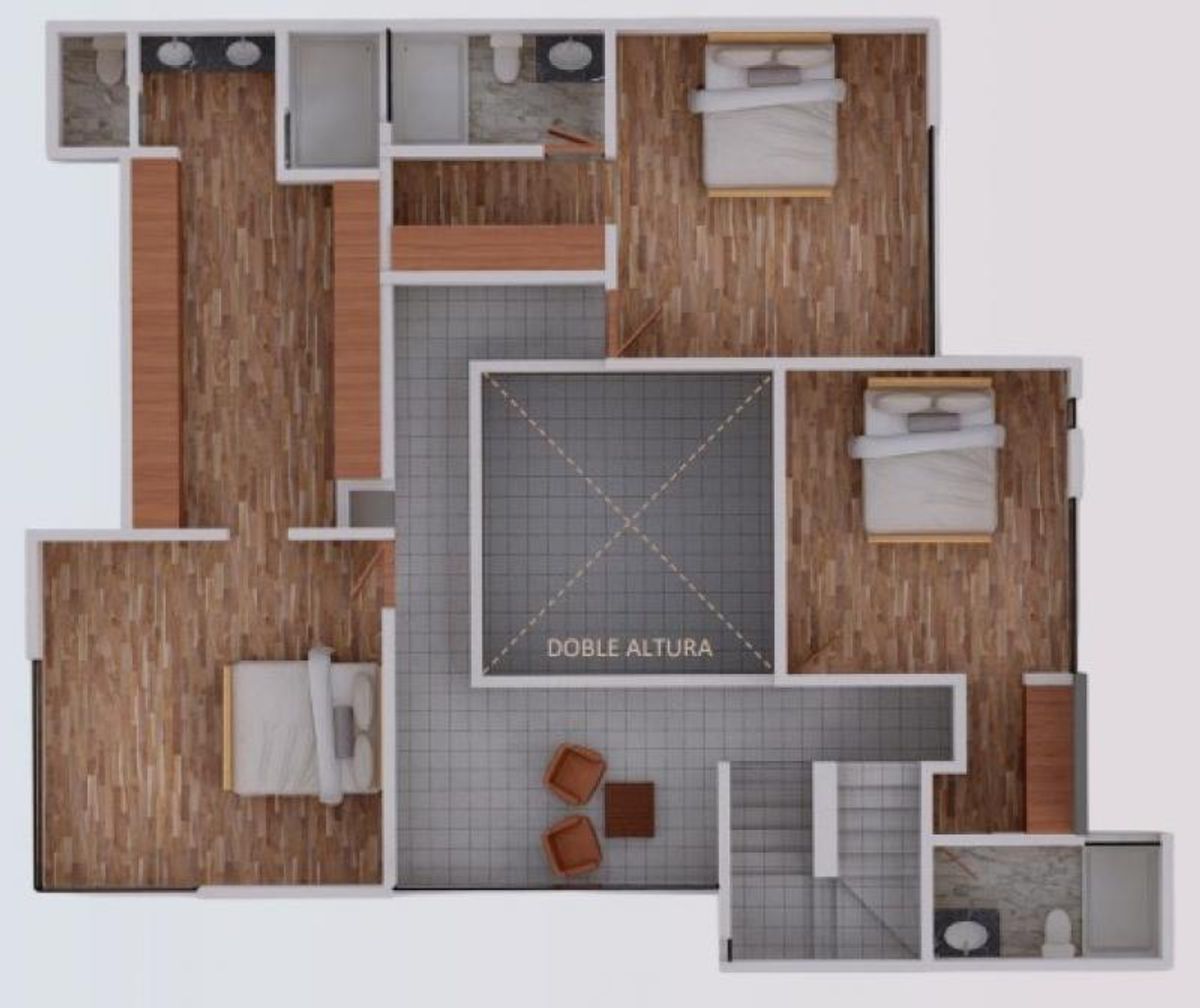 Plano de distribución arquitectónica con tres recámaras, baños y espacio central de doble altura