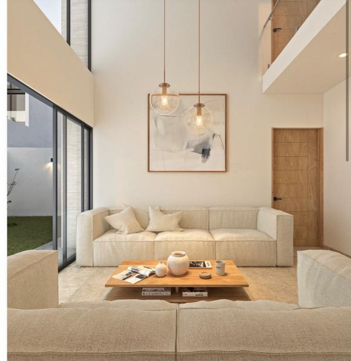 Sala de doble altura con sofás beige, mesa de centro de madera y ventanales