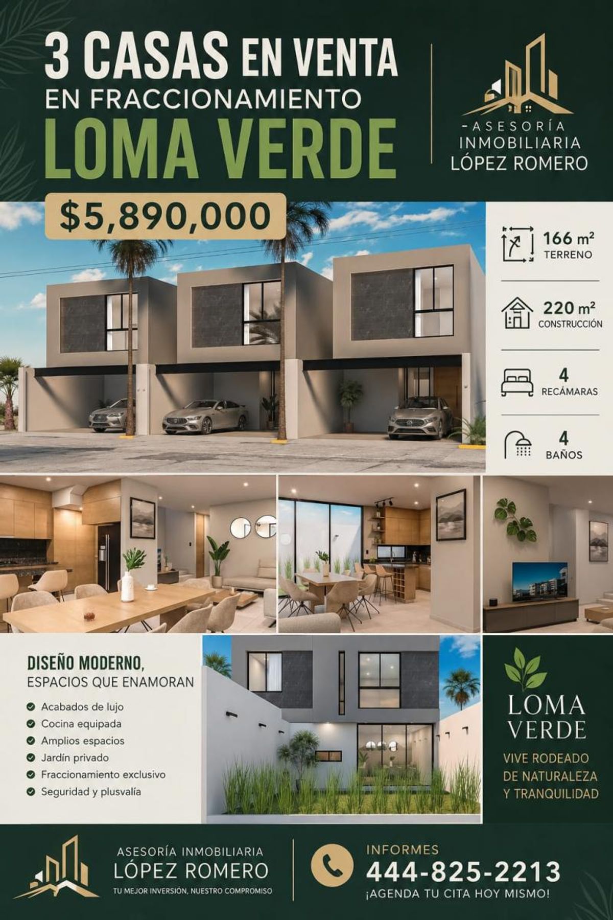 Tres casas modernas de dos niveles con fachada gris, garaje frontal e interiores integrados